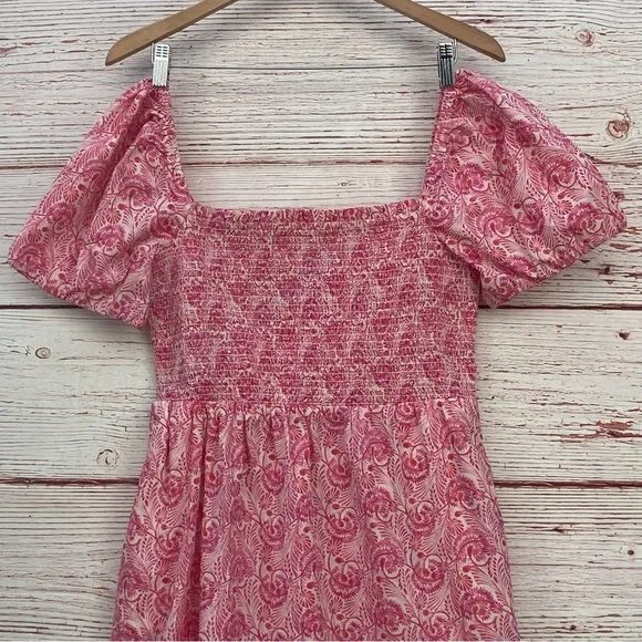 J Crew Puff Sleeve Smocked Mini Dress in Dandelion Swirl Pink/White Sz M - Picture 7 of 14